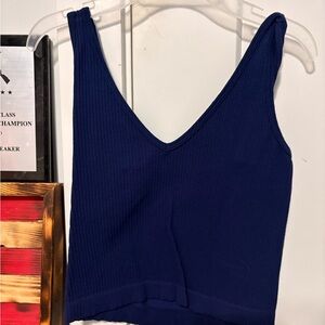 Navy Blue Ribbed V-Neck Women's Top